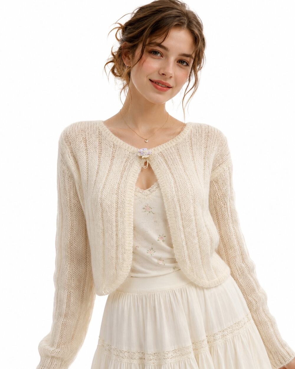 Vintage 80s Romantic Cream Mohair Shrug Cardigan w Rosette & Pearls | S